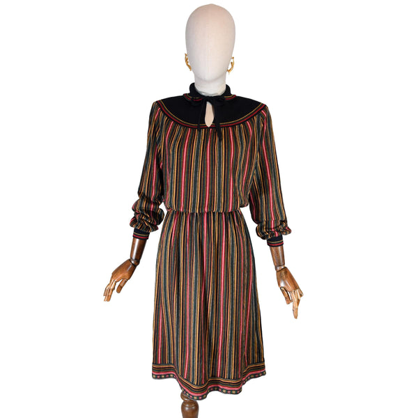 VINTAGE 80s knit dress, SEBA Milano vintage 80s dress, striped knit multicolor midi dress,  long sleeve dres with elastic waist, retro dress