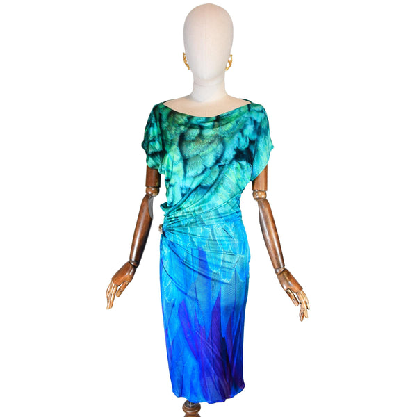 ROBERTO CAVALLI dress, feather print bodycon, green and blue midi dress with side drape and serpent detail, luxury printed stretch dress.