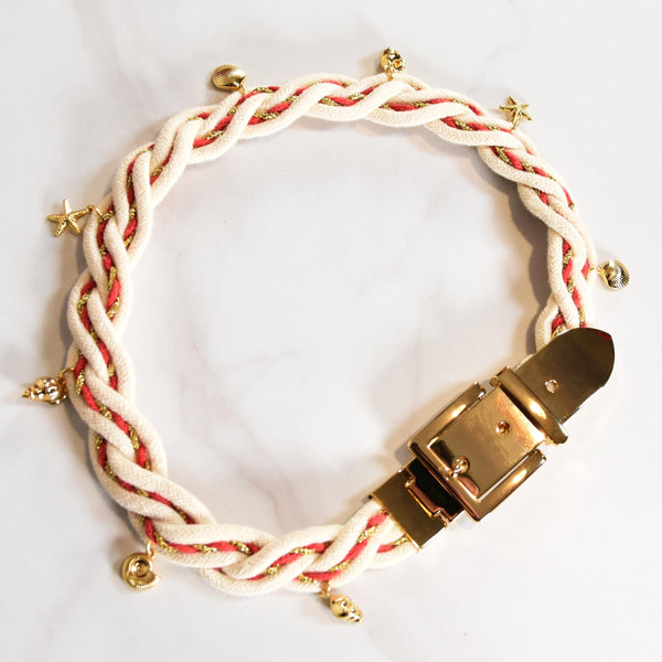 VINTAGE Y2K belt, braided cotton belt in red white and gold with nautical charms, adjustable vintage nautical belt with sea shell charms.