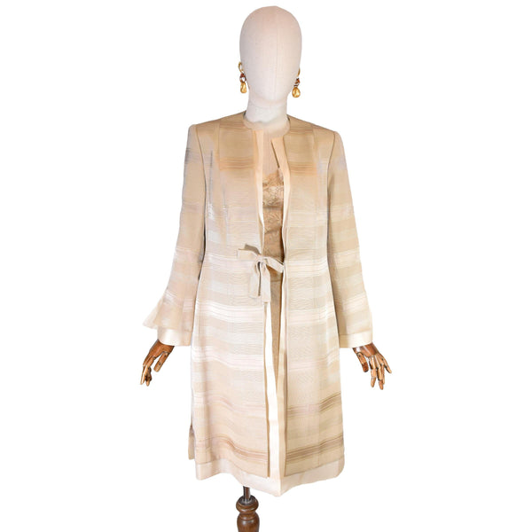 FRED LANSAC vintage coat, 90s beige formal coat, striped textured design coat with organza double layer,  long sleeve evening coat.