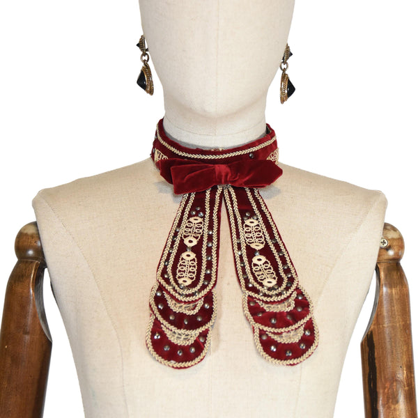 VICTORIAN antique velvet neck bow, embroidered Edwardian neckpiece with silk lining, 19th-century couture accessory, velvet neckpiece.