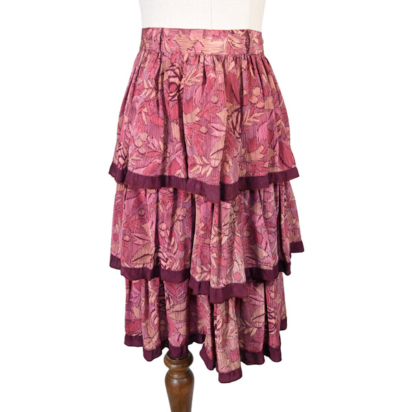 VINTAGE 80s skirt, floral print tiered midi skirt, wine color ruffled skirt, custom made flared skirt, vintage 80s statement ruffled skirt.