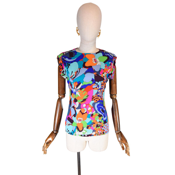 GIANNI VERSACE Vintage top, 90s Print silk colorful top, designer signed short sleeves vintage top, VERSACE, 90s floral luxury blouse.