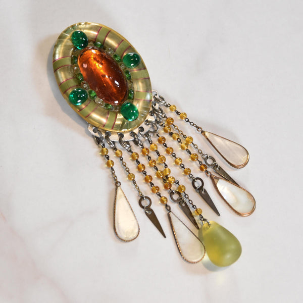 VINTAGE 1950s brooch with cabochon and glass inlay, deco style brooch with dangle chains, beads and pearl teardrops, statement piece.