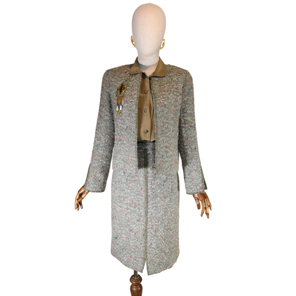 PIERRE BALMAIN vintage 90s skirt suit, khaki green wool blend two piece tailleur, long sleeve jacket with skirt french design ensemble.