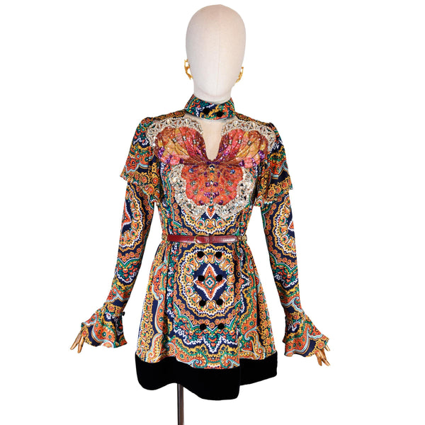 GUCCI vintage mini dress, multicolor folk print silk dress, beaded butterfly mini dress with long sleeve ruffled, luxury bohemian dress.