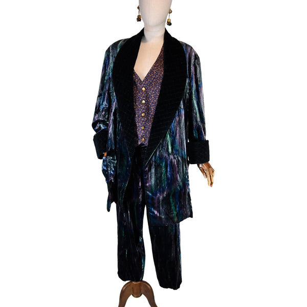LANVIN vintage 80s velvet pajama style suit, unisex oversized blazer and pants set, iridescent velvet two piece LANVIN set, luxury suit.