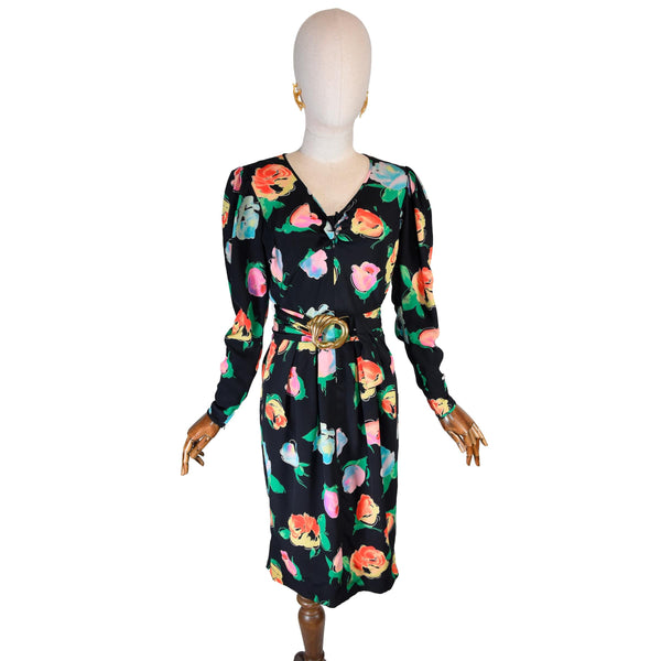 EMANUEL UNGARO vintage dress, 90s silk floral midi dress, Ungaro Parallele floral printed dress, designer belted v-neck dress.