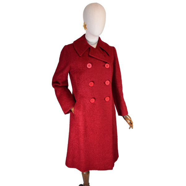 MARIE MARTINE vintage coat, 60s red wool double breasted coat, classic retro coat, warm vintage 1960s red long coat, designer outerwear.