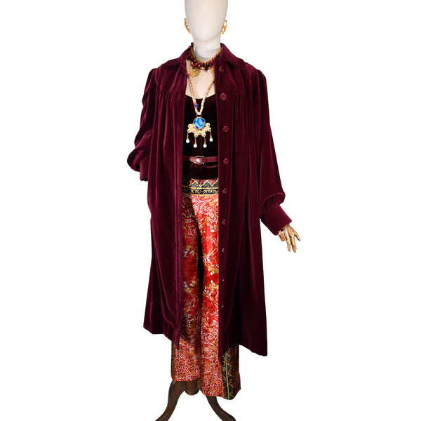 DAFNIS vintage velvet coat, 70s garnet red long sleeve designer velvet coat,  full length couture DAFNIS coat, 1970s garnet velvet duster.