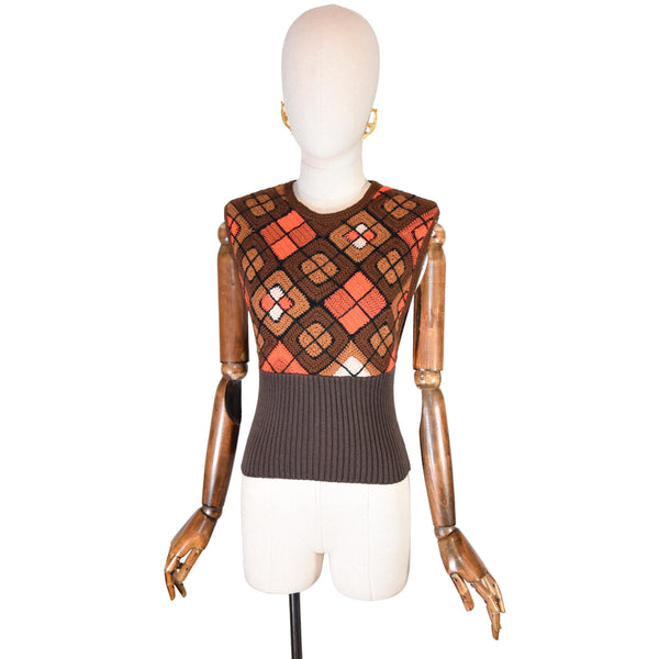 EMANUEL UNGARO vintage top, 70s crochet knit tank, retro diamond pattern knitted top, sleeveless wool blend designer fitted UNGARO top.