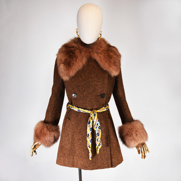 TED LAPIDUS coat,  vintage 60s wool coat with real fur collar and cuffs, brown designer coat, french couture retro style coat, Size S.