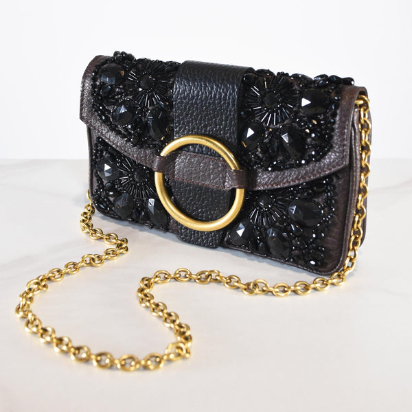 VALENTINO GARAVANI Beaded Leather Party Bag with Gold Chain