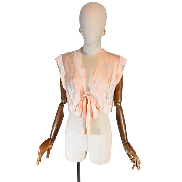 1930s Vintage Silk Satin Bolero: Handmade Pink Floral Short Jacket