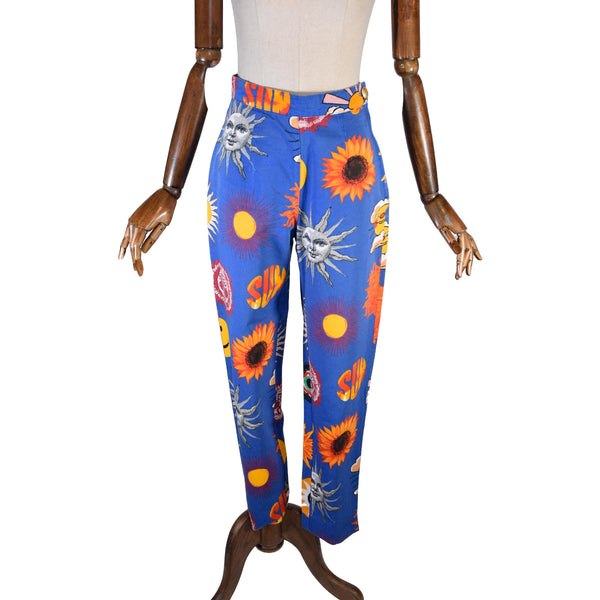Vintage 80s MOSCHINO Jeans: Blue Cotton Sun Print Pants, Size S