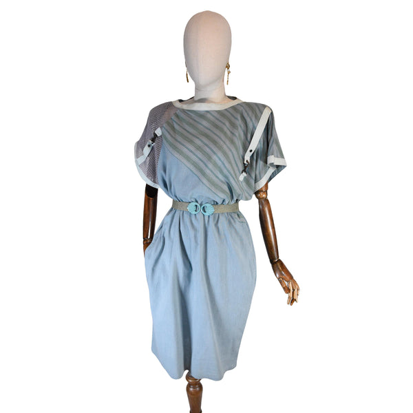 Vintage 80s Patchwork Linen Dress: Blue-Gray Retro Midi