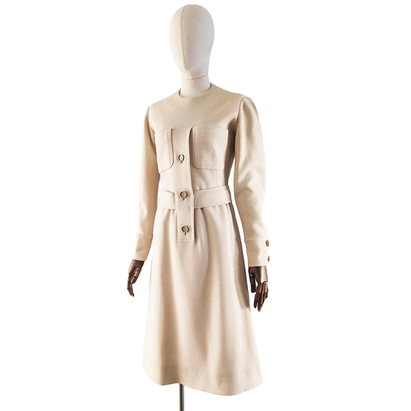 MANUEL PERTEGAZ dress, vintage 1960s haute couture dress, beige wool midi dress, designer MOD dress, Spanish fashion from the 1960s.