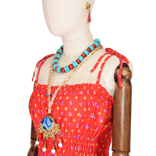 SHARRA PAGANO vintage 90s red coral and turquoise glass bead necklace.