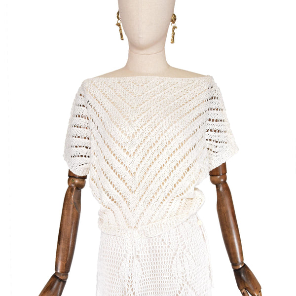 Vintage 70s white cotton crochet bohemian top, size S