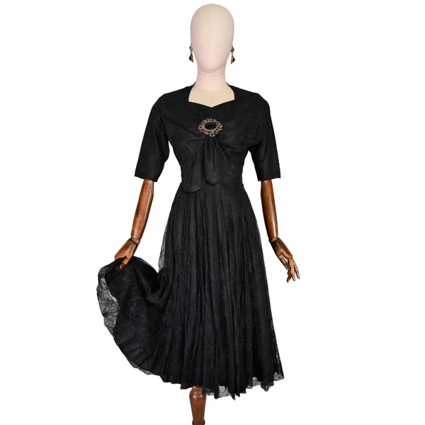A. ZURIAGA 50s New Look silk and black lace dress, size XXS.