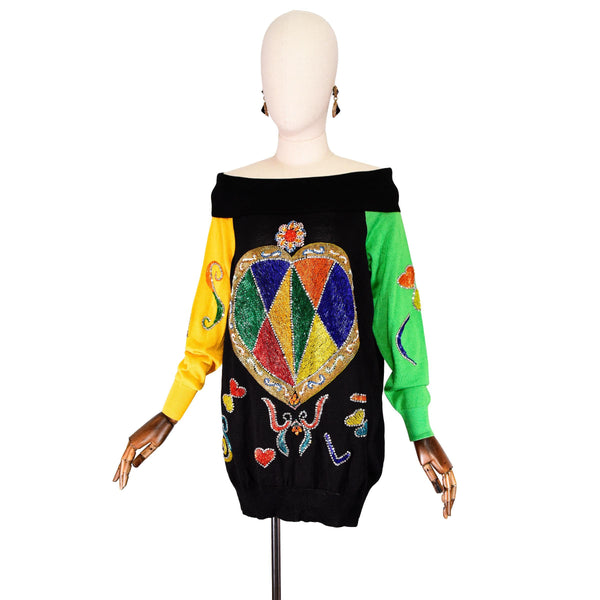 GIANNI VERSACE vintage knit sweater with color-block sleeves and beaded embroidery from the 80s
