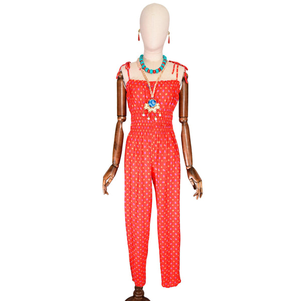 EMANUEL UNGARO vintage printed jumpsuit with 70s bow straps, size XXS