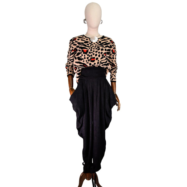 VINTAGE 80s black brocade sarouel pants with high waist, size XS